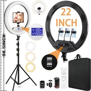 22"Ring Light with Stand,Ring Light Tripod for iPhone ipad,with 75"Tripod/LCD Display/4 ipad iPhone Clips/2 USB Ports,2600K-6500K Color Temperature,for Barber Makeup Tattoo TikTok Video Recording Vlog