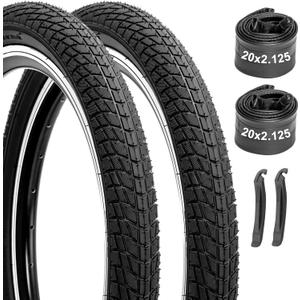 Kids Bike Tires and Tubes Set: 2-Pack 16x1.95/20x2.125 Inch Folding Bicycle Tires, Puncture-Protection Inner Tubes Schrader Valve with Tire Levers for BMX MTB