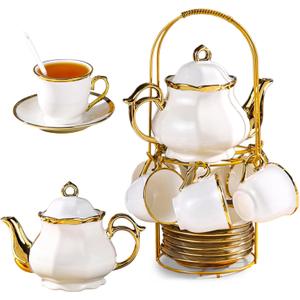 20-Piece Porcelain Tea Sets for Adults, British Style Tea Party Sets for 6 Adults, Includes Tea Cups and Saucers, Teapot, Spoons & Metal Rack, Elegant Ceramic Tea Set for Women, Wedding & Home Decor