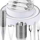 Goodluck 320 PCS Silver Disposable Plastic Dinnerware Set for 40 Guests, Include 40 Dinner Plates, 40 Dessert Plates, 40 Napkins with Silverware, 40 Cups, 40 Champagne Glasses, for Christmas, Wedding