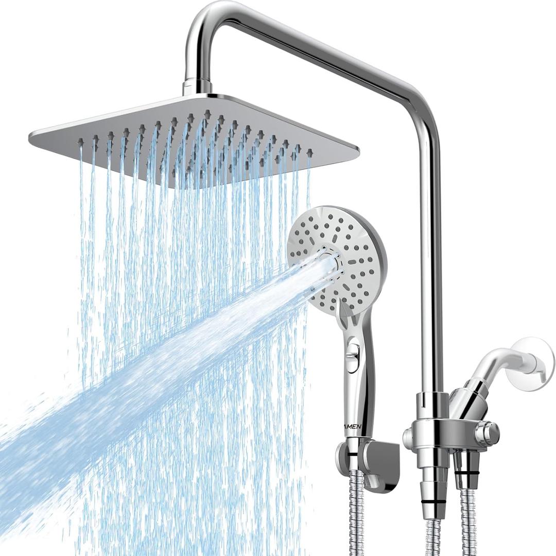 Ryamen 8" Dual Shower Head Combo, High Pressure Rainfall Shower Head with Handheld, 6 Spray Settings Angle Adjustable Handheld Shower Head with Pause, Height Adjustable, Chrome Silver