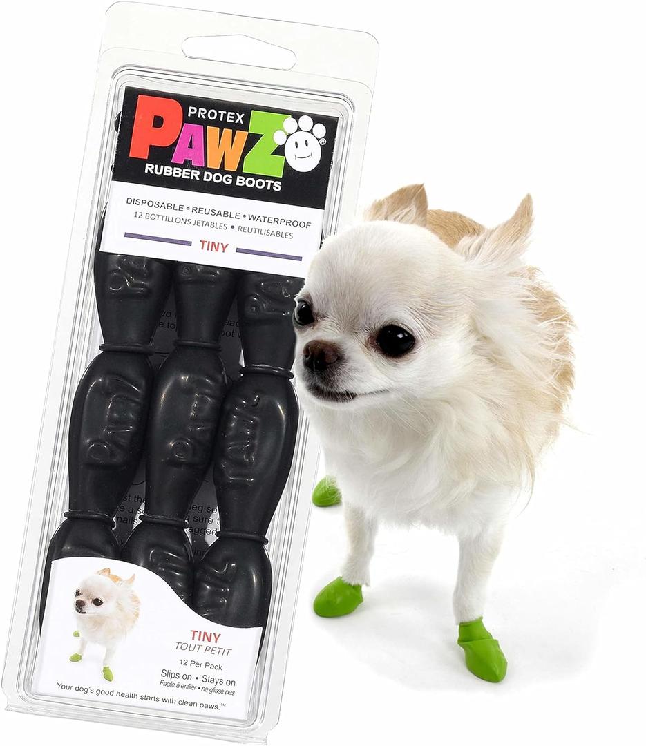 PawZ Rubber Dog Boots for Paws up to 1", 12 Pack - All-Weather Dog Booties for Hot Pavement, Snow, Mud, and Rain - Waterproof, Anti Slip Dog Socks - Tiny, Black