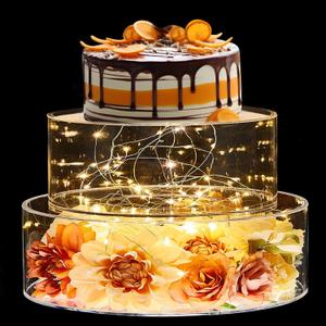 Sunnyray 2 Pcs Acrylic Cake Stands for Dessert Table Clear Fillable Cake Riser Cupcake Tier with LED Strings for Birthday Wedding Holiday Party Display(12'', 14'')