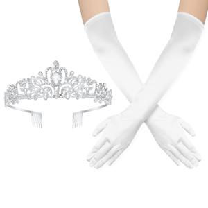 Rhinestone Headband, Crystal Elegant Tiara Headpiece Crown with Combs White Long Satin Gloves for Women Girls Bridal Wedding Prom Birthday Costume Party