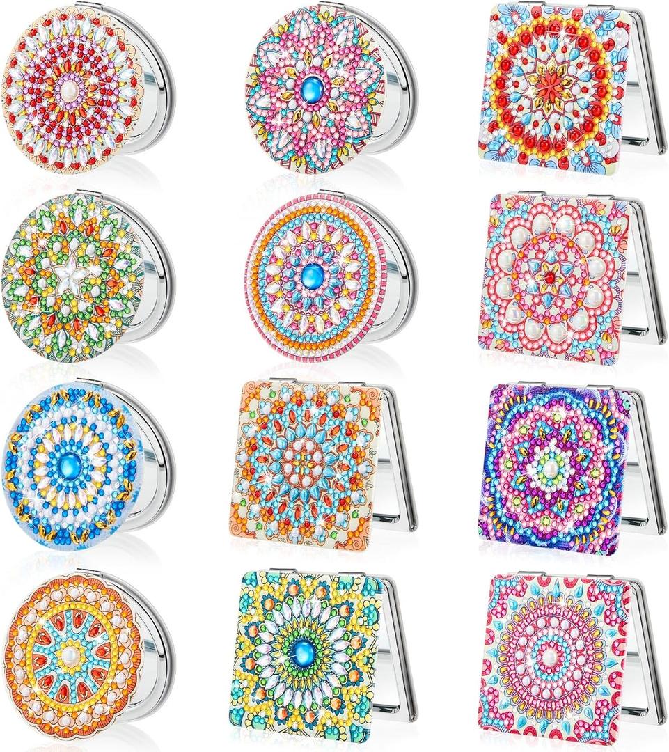 Kigley 12 Pcs Mandala Makeup Diamond Painting DIY Compact Crystal Magnifying Folding Purse Mirror Kit for Adults and Beginners