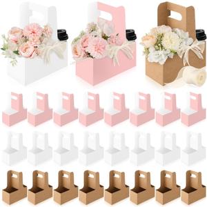 PYQTH 24 Count Kraft Paper Flower Gift Bags Disposable Drink Carrier with Handle 2 Cup Flower Paper Holder Boxes Floral Gift Bags for Mothers Day Wedding Birthday (Multicolor)