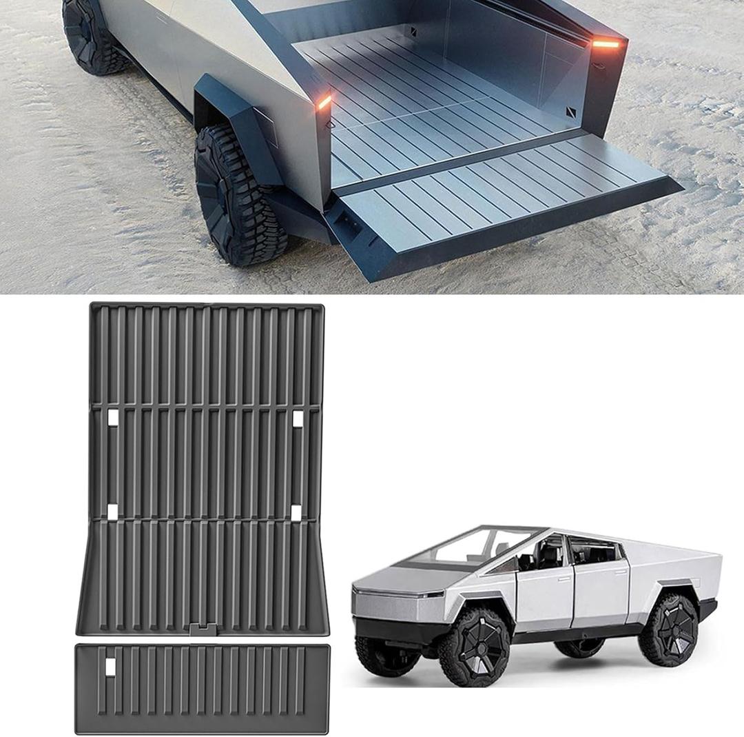 LUCKEASY 2pcs Truck Bed Mat Compatible with 2023 2024 Tesla Cybertruck Bed Mat TPE Heavy Duty Truck Bed Protector All Weather Protection Rear Truck Liner Pickup Car Bed Cargo Mat (Black)