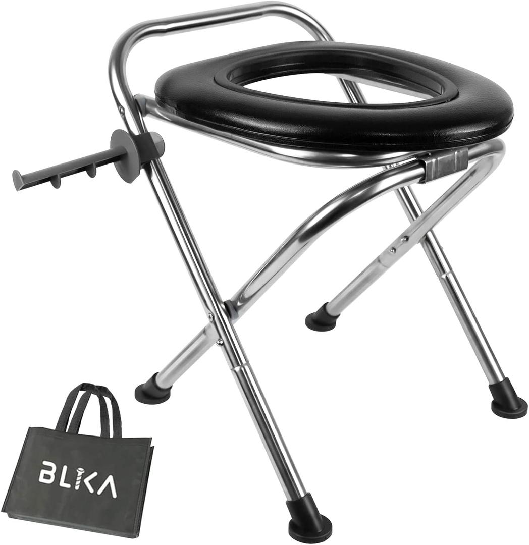 BLIKA Portable Toilet for Camping, 350LBS Stainless Steel Foldable Camp Travel Toilet with Soft Seat for Adults, 16.5-Inch Portable Toilet for Truckers, Camping, RV Travel, Road Trips, Outdoor Use