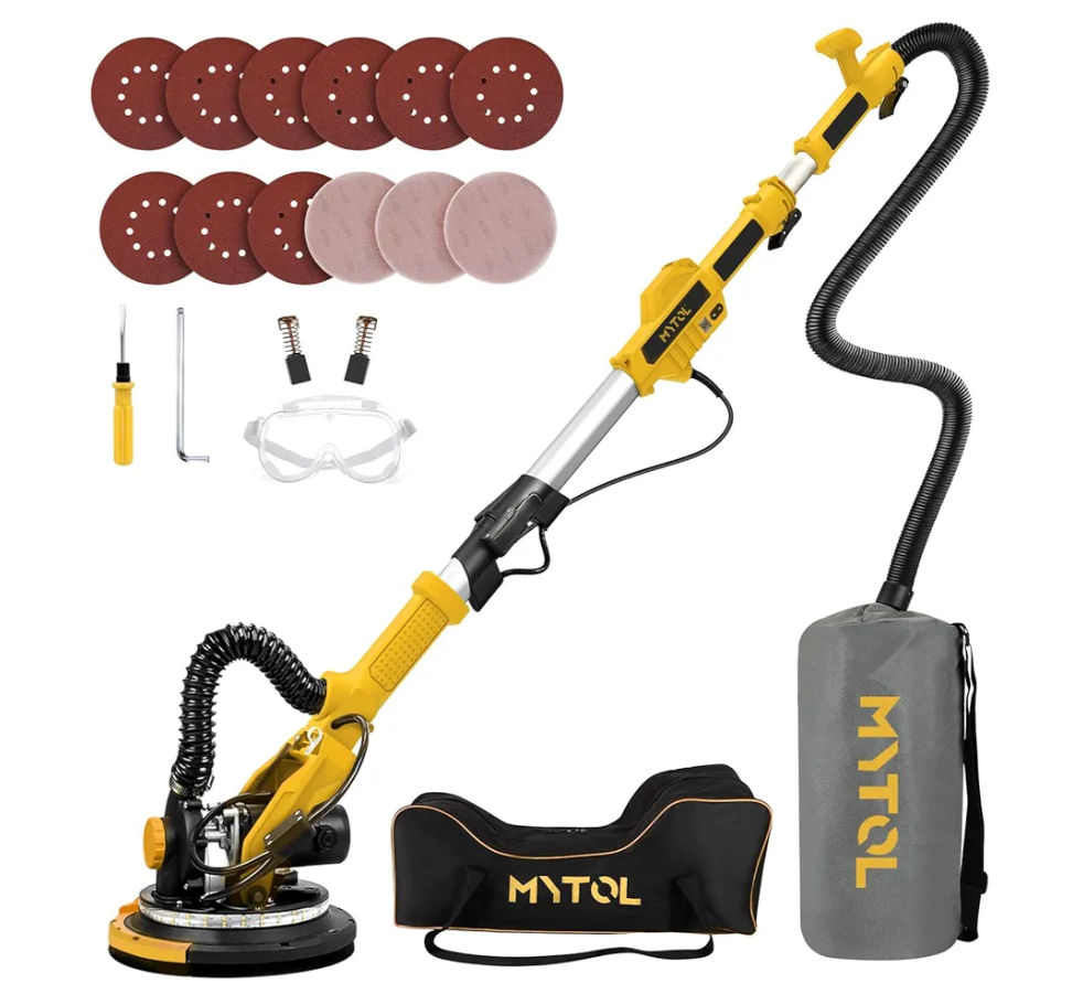 Drywall Sander, MYTOL 7.2A Electric Wall Sander with Vacuum Dust Collection, 6 Adjustable Speeds 900-1800RPM, LED Light, Extendable Handle, Foldable Electric Drywall Sanders 12Pcs Sanding discs-Yellow