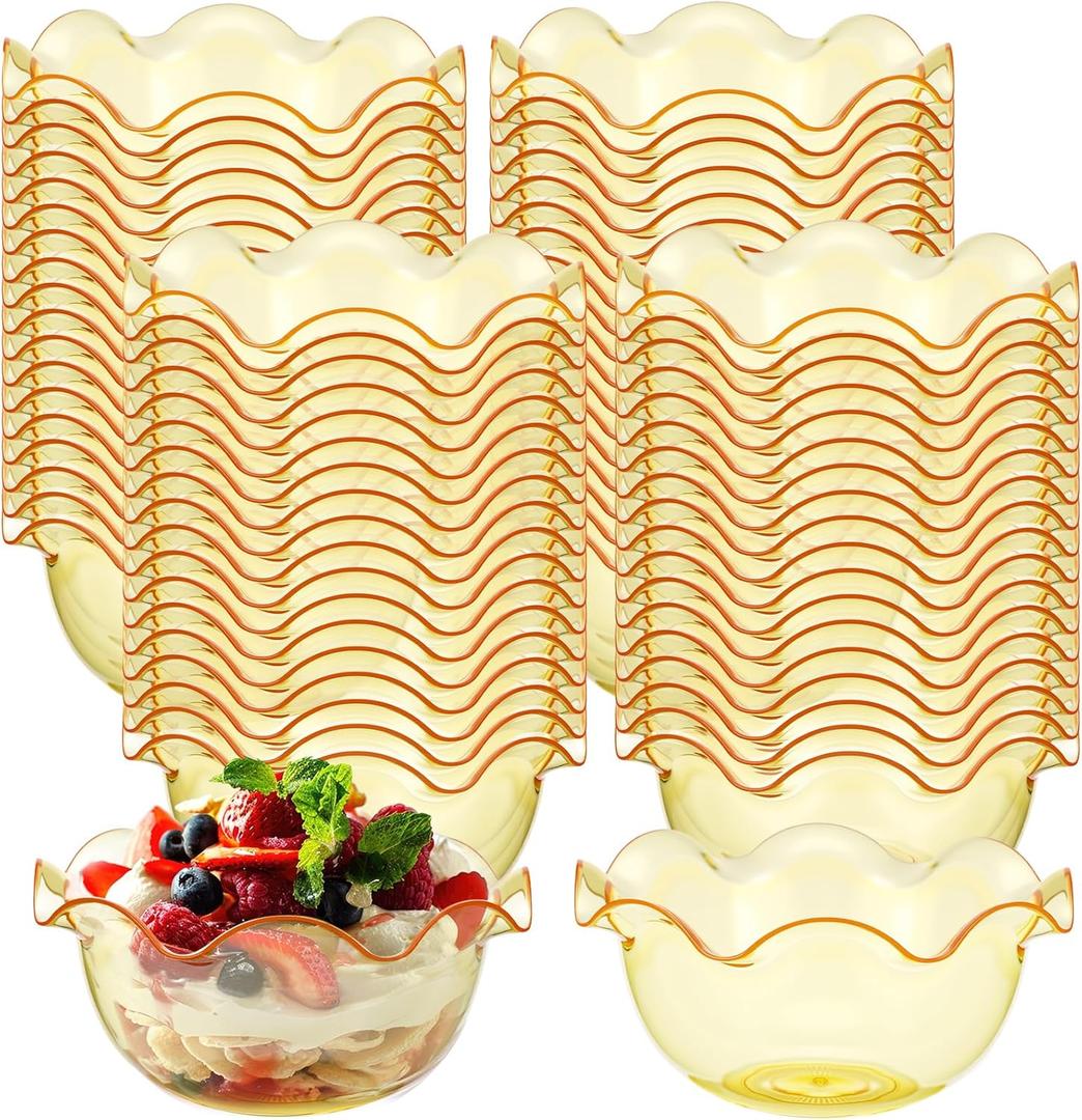 Newtay 100pcs 6oz Small Plastic Dessert Bowls Ice Cream Bowls Reusable Flower Shaped Party Serving Elegant Buffet Serving Cups for Nuts, Salad, Fruit, Snacks and Yogurt (Gold), 9cm/3.5inches 4 cm/1.6 inches
