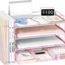 OPNICE Desktop Organizers and Accessories - Paper Letter Tray Organizer with Removable File Holder+ Drawer, Office Desktop Workspace File Organizer for Office Supplies Desk Accessories (Pink)