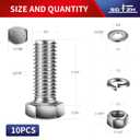 1/2-13 x 1-1/4" Hex Head Screw Bolt, Nuts, Flat & Lock Washers, 10Pcs 18-8 (304) Stainless Steel, Fully Threaded, by SG TZH