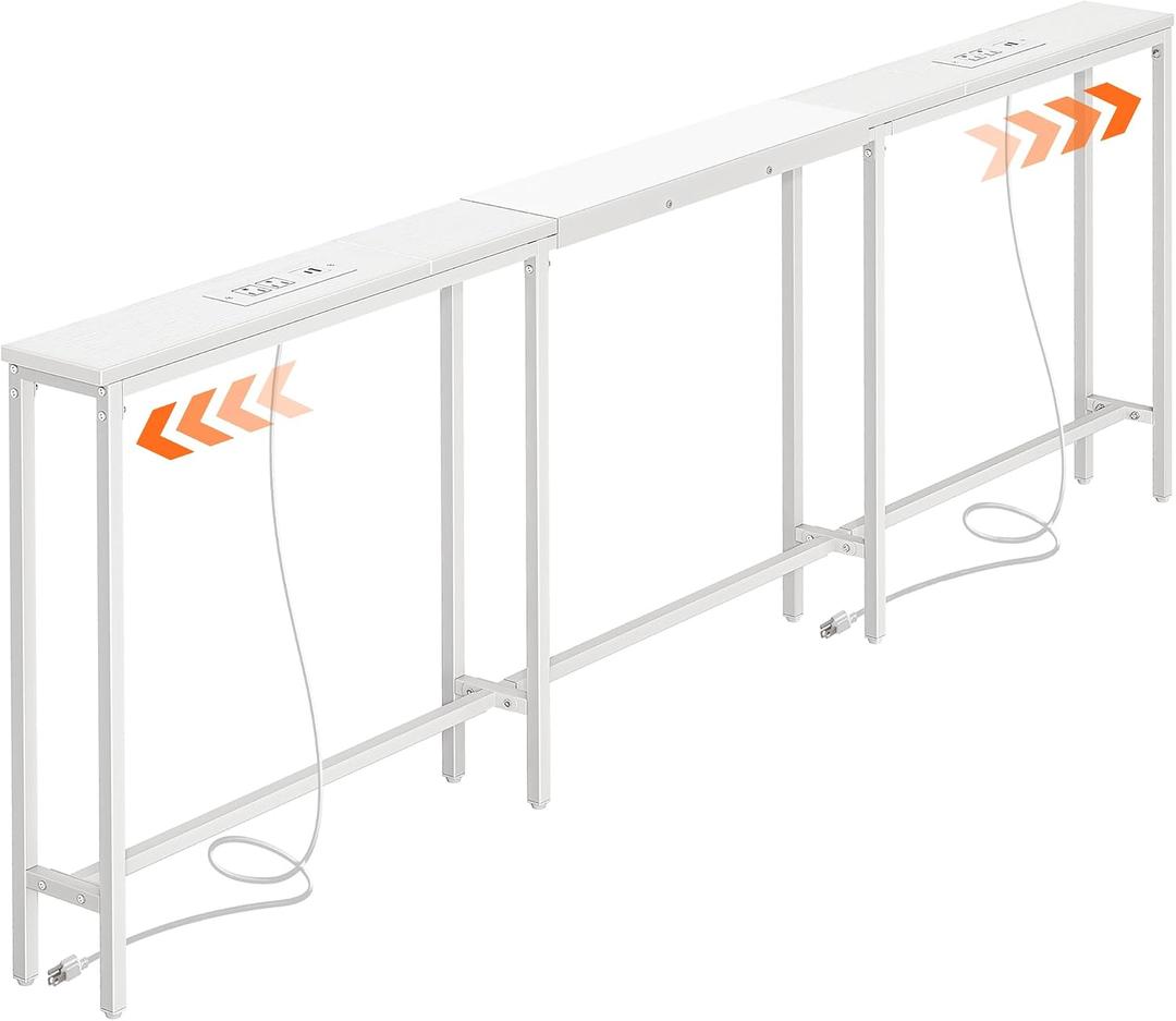 Huuger Narrow Sofa Table with 2 Power Outlets, 86.6-110.2 Inch Adjustable Length, Behind the Couch Table with USB-C Port, Long Entryway Console Table, Anti-tip Kit, for Living Room, White