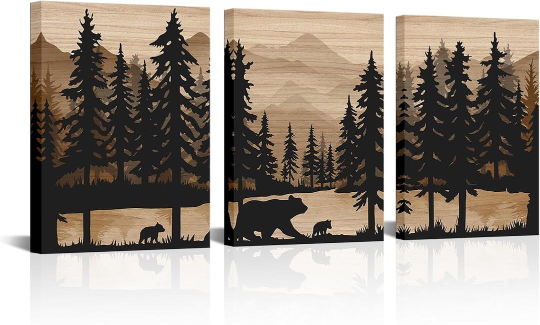 WELMECO Rustic Cabin Decor Bear Wall Art Framed Canvas Art Farmhouse Bedroom Bathroom Living Room Decor 12"x16" x 3 Pieces