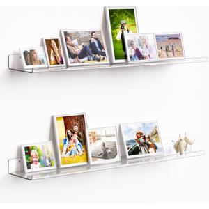 upsimples 2 Pack 35.5x5.5 Inches Acrylic Shelves for Wall Storage, Floating Bookshelves for Kids, Display Shelf Organizer for Bathroom, Bedroom, Living Room, Kitchen, Clear