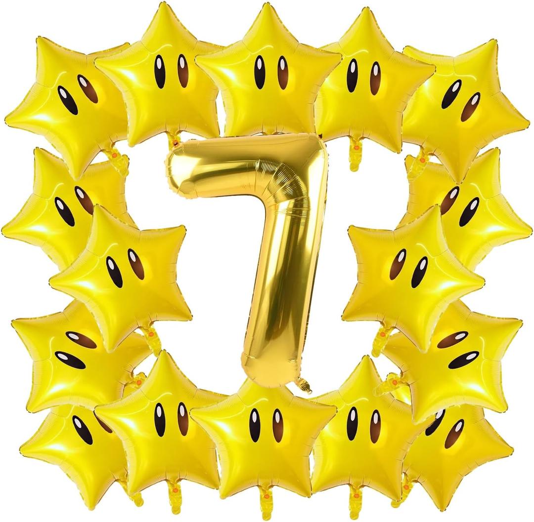 16PCS Foil Star Balloons, Star and 40Inch Number 7 Foil Balloons For Game Theme 7th Birthday Party Decorations Children Party Supply Party Decor 7th