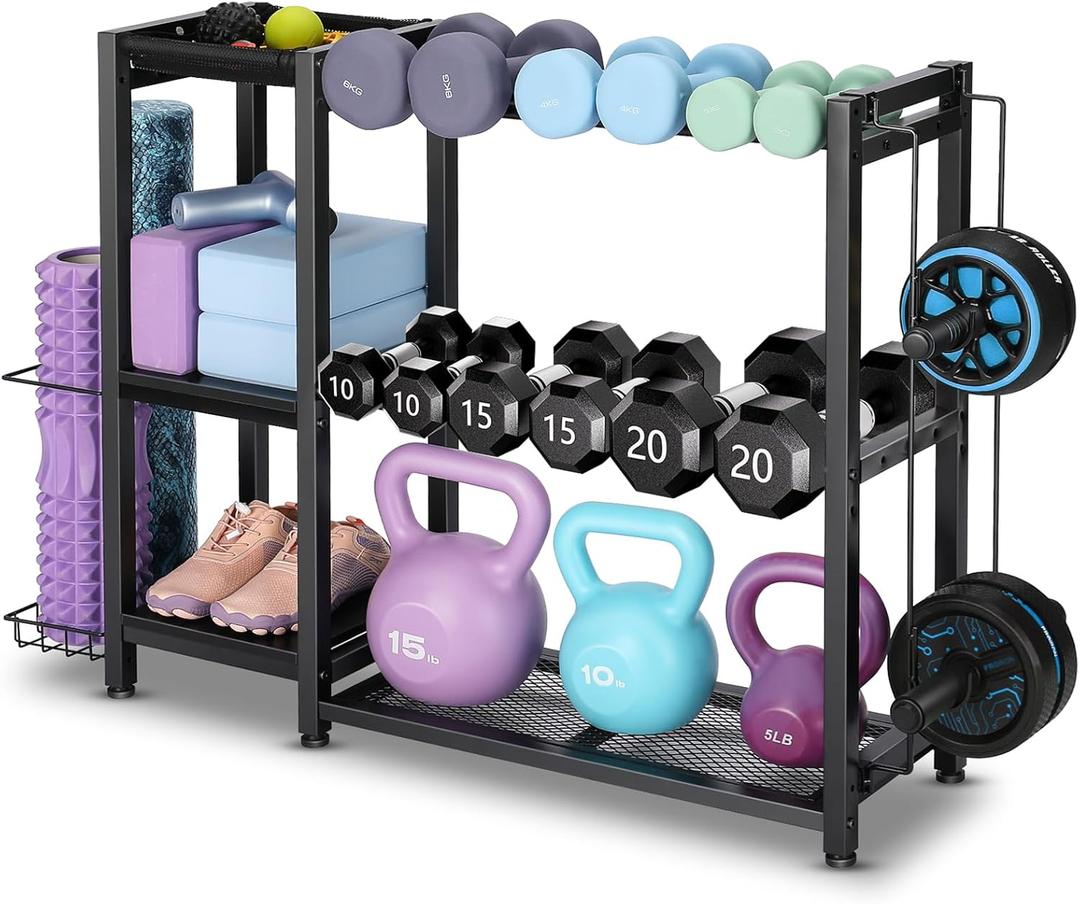 3-Tier Dumbbell Rack Stand Only - Adjustable Weight Rack for Home Gym, Heavy-Duty Weight Stand for Dumbbells Kettlebells Foam Roller Yoga Mats, Workout Equipment Storage Organizer With Hooks