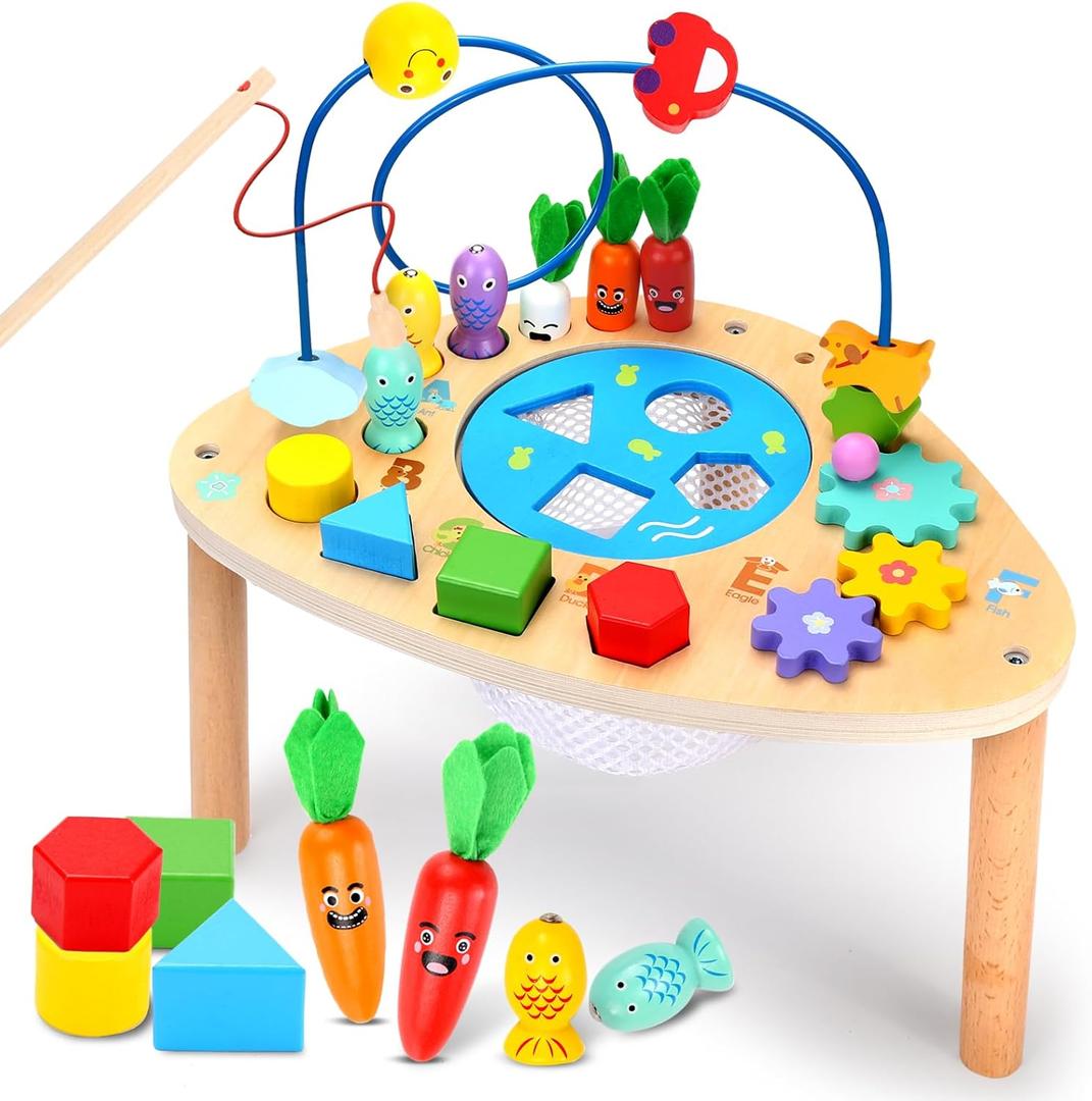 wingyz Activity Table for 1+ Year Old, 6 in 1 Wooden Montessori Activity Center Play Table with Bead Maze Shape Sorter Fishing Game, Kids Sensory Educational Toddler Learning Toys (Multicolor-triangle)