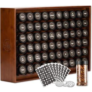 AllSpice Spice Rack Organizer, Wood, 525 Unique Labels, Countertop or Wall Mount, Includes 60 4oz Jars- Walnut Stain