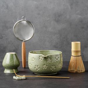 Matcha Whisk Set, Ceramic Matcha Set, 6 Pcs Matcha Kit Includes Matcha Bowl, Matcha Whisk with Holder, Bamboo Scoop, Scoop Rest, Sifter, Ceremonial Matcha Tea Set, Perfect Gifts, Green
