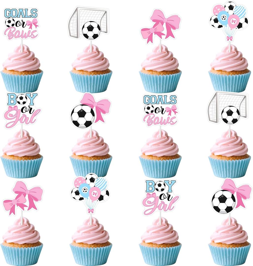 Goals or Bows Gender Reveal Decor 36Pcs Boy or Girl Cupcake Toppers Soccer Theme Baby Shower Decor Its A Boy Its A Girl Supplies for Pink Blue He Or She Bow Theme Newborn Party