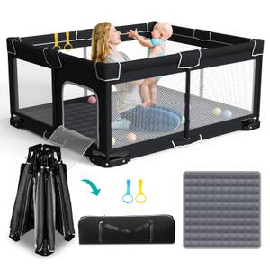 ICAREWAY Foldable Playpen for Babies and Toddlers, 71x59 Inches Portable Playpen, Kids Collapsible Play Pen with 2 Handlers, Indoor & Outdoor Baby Play Area with Visible Mesh (Black)