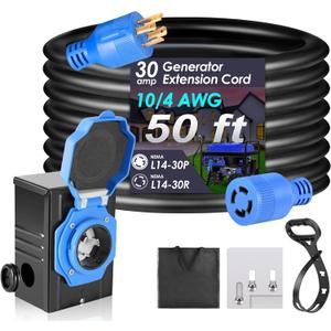 Seeutek 30 Amp Generator Cord, 4 Prong 50 FT Generator Extension Cord with Pre-drilled Power Inlet Box & Interlock Kit, NEMA L14-30P/L14-30R Functional Cable, High Conductivity, ETL Listed