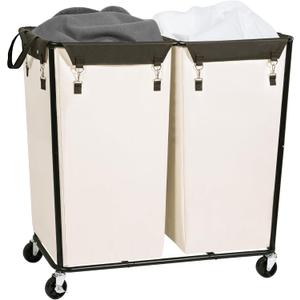 STORAGE MANIAC Commercial Laundry Hamper with Heavy Duty Steel Frame, 74 Gal. Industrial Laundry Basket Cart with Wheels for Hotel, Home, Laundry Room, Big Large Clothes Sorter, 2 Section Beige