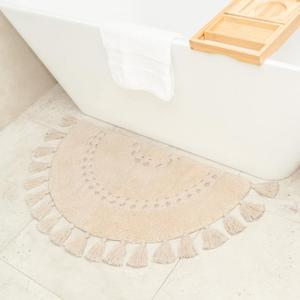 Boho Bathroom Rugs - Half Circle Cotton Mat with Crochet Insert and Tassels - Non-Slip Bohemian Rug for Bath, Bedroom or Entryway - Neutral Cream Decorative Rug - 42x22 Soft Machine Washable (Off-white)