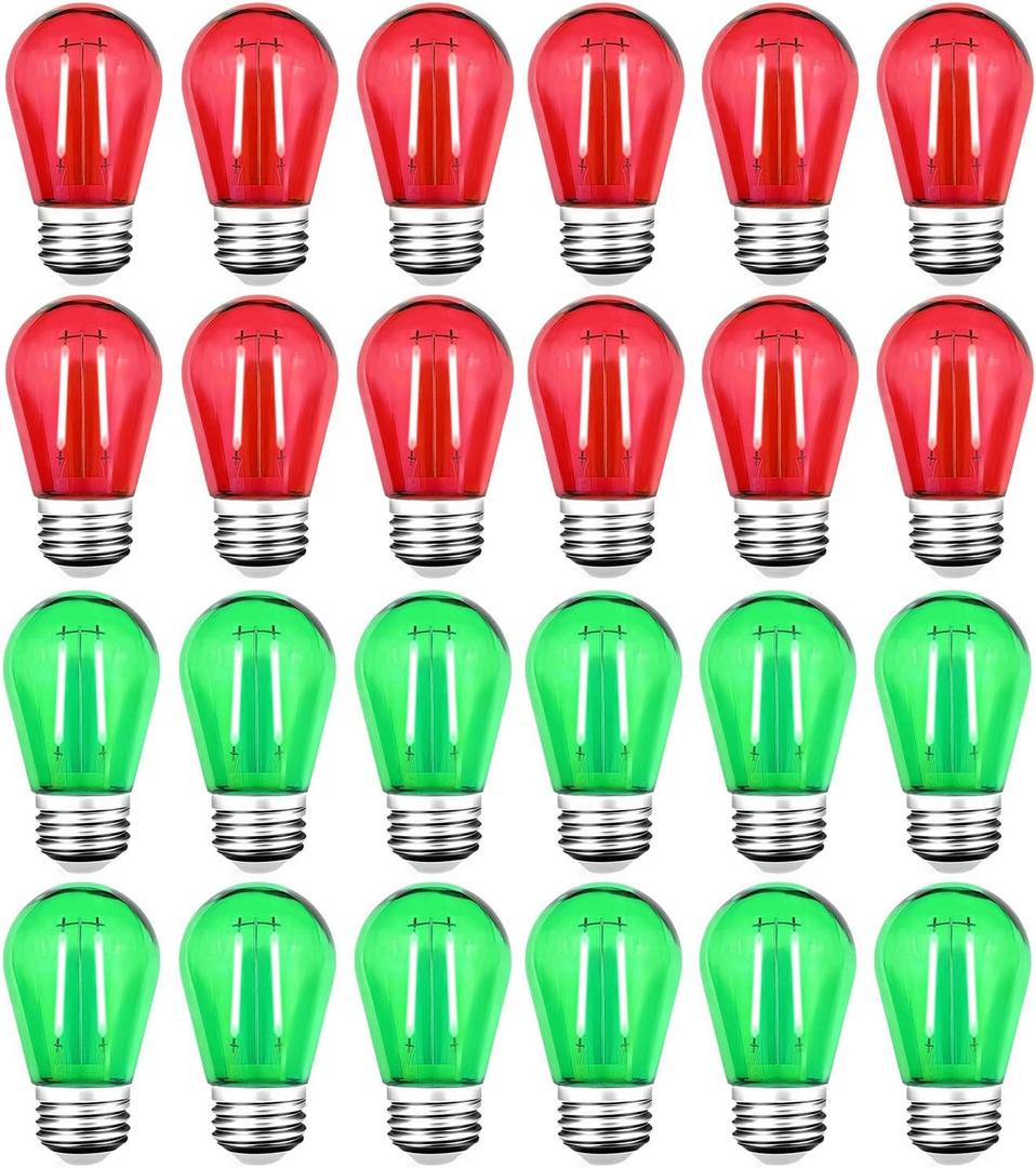 24 Pack S14 LED Red Light Bulb Green Light Bulb, Shatterproof 2 Watt Red Green String Light Bulbs Plastic Waterproof E26 Base Filament Edison Outdoor Replacement Christmas Light Bulbs, 120V