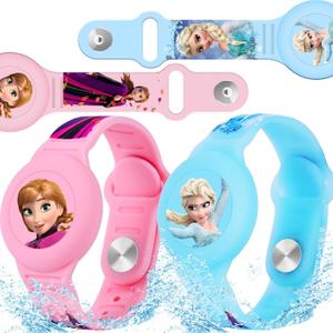 Waterproof AirTag Bracelet for Kids [2 Pack], Princess Air Tag Holder for Kids with Full Coverage Hidden Design, Silicone Airtag Wristband for Child, Blue + Pink