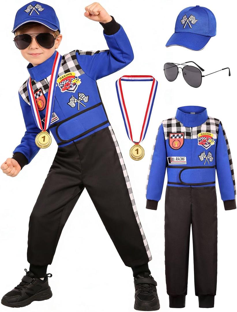 Kids Race Car Driver Costume Boys Racer Jumpsuit With Car Cap Halloween (3-4 Years, Blue)