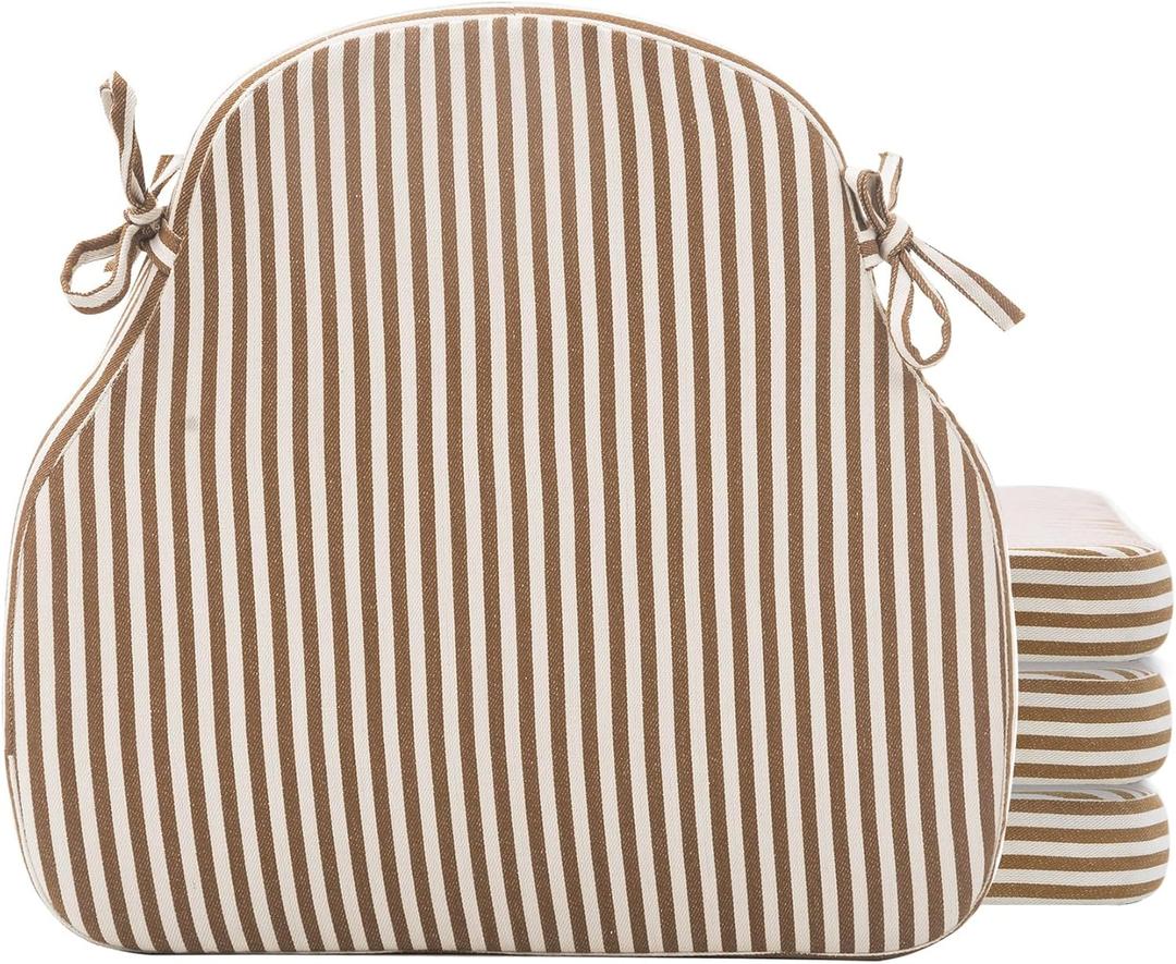 Brown Striped Winsor Chair Cushions with Ties, Dining Kitchen Chair Seat Pads Non Slip Removable Washable Cover 17"x16" Set of 4
