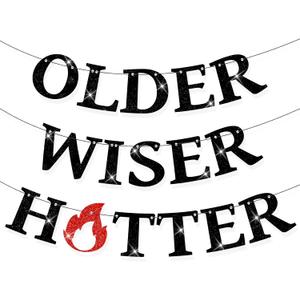 Set of 3 Pre-Strung Older Wiser Hotter Banner,No DIY Glitter Funny Happy Birthday Party Bannerfor Men Women, Glitter Birthday Party Decorations(Black+Red)