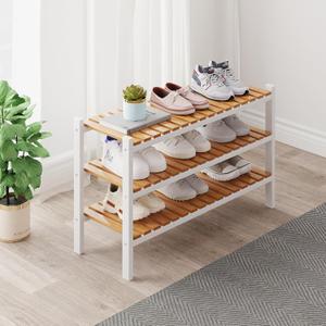 Bamboo Shoe Rack Organizer for Closet and Entryway-Space-Saving Narrow Shoe Stand-Versatile Shoe Holder for Door or Closet Shelf,Garage Bedroom can Freely Stack DIY Small Shoe Racks 3 Tier Mixed color