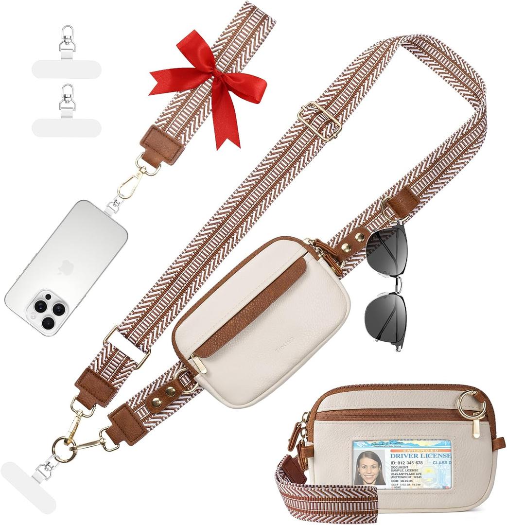 Tiostep Clip and Go Strap for Phone with Wallet Crossbody Phone Lanyard Adjustable and Anti-Theft Leather Purse with RFID Zipper Pouch for Travel Daily Life. Medium White-Brown
