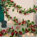 Juegoal Christmas Garland, 9FT Pre-lit Red Berries & Holly Leaves Garlands, Artificial Lighted Berry Garland Battery Operated with Timer, Indoor Outdoor Xmas Fireplace Gate Home Winter New Year Decor