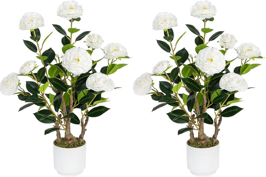 Jcezvnt 2 Pack Artificial Camellia Tree with White Pot, 24" Faux Potted Plants for Indoor Outdoor Decor, Tall Silk Greenery Plant for Home Office Living Room Balcony, White