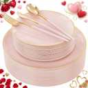 DaYammi 150Pcs Pink Plastic Plates with Gold Rim,Elegant Disposable Dinnerware with Gold Cutlery - 30 Dinner Plate,30 Dessert Plate,30 Knives,30 Forks,30 Spoons,Fancy Pink Plates for Party Wedding