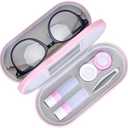Muf 2 in 1 Double Sided Portable Contact Lens Case and Eyeglasses Case, Dual Use Design with Built-in Mirror, Tweezer and Contact Lens Solution Bottle Included for Travel Kit, Pink