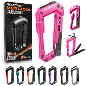 Multitool Carabiner with Pocket Knives, EDC Carabiners, Folding Serrated Knife, Can Bottle Opener, Rope Cutter, Screwdriver, Keychain Knife for Camping Hiking, Gifts for Women/Men (Pink)