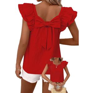 Womens Bow Tie Back Tops Round Neck Ruffle Short Sleeve Shirts Cute Babydoll Chiffon Tee Women Summer Trendy Tunic (Large, Red)