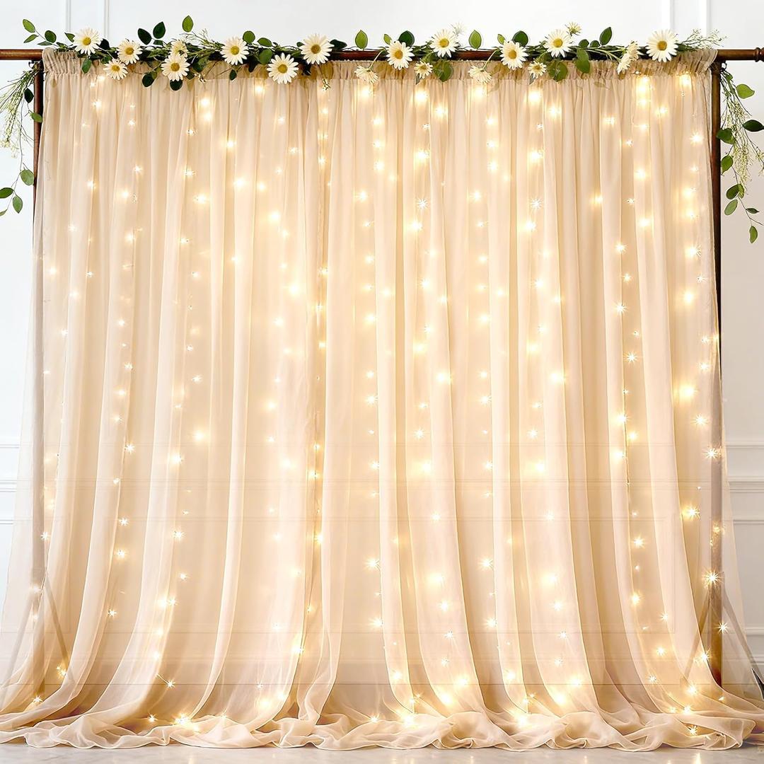 Ledido 3 Pack 1010ft Champagne Tulle Backdrop Curtain with Light String - 900LED Fairy Light Sheer Curtain Backdrop for Wedding Baby Shower Photo Shoot Birthday Party Decor(6 Panels 510ft)Champagne