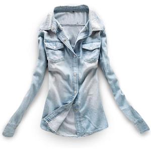 AvaCostume Women's Long Sleeve Double Pocket Slim-fit Jean Denim Shirt (XX-Large, Light Blue)