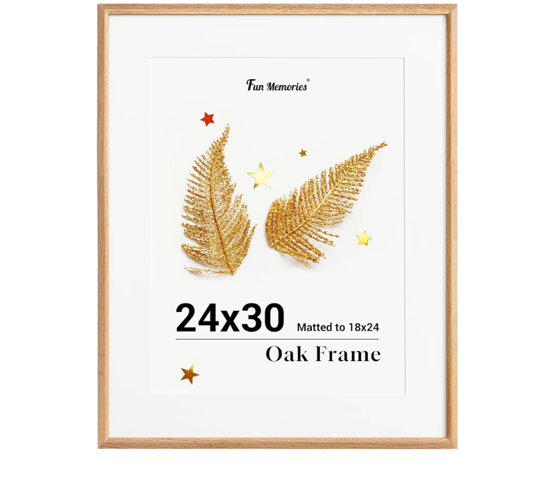 Fun Memories 24x30 Poster Frame, Solid Oak Wood Picture Frames, Modern Photo Frame for Wall 24x30 with 18x24 Mat, High Definition Plexiglass & Wall Hook Included (Beige, 1 Pack)
