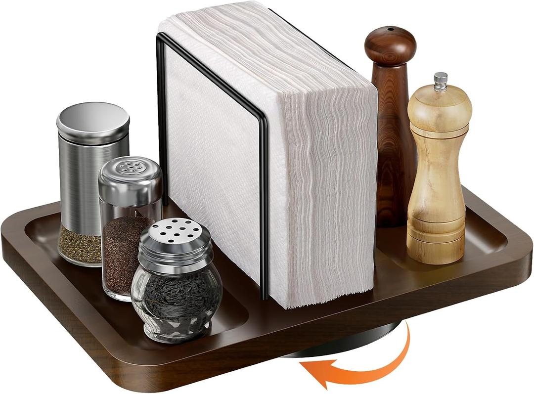 Napkin Holder for Table, Rotating Metal Napkin Dispenser with Salt and Pepper Shakers Caddy Standing Paper Towel Holder for Bathroom Kitchen Dining Table Decor Not Including Shakers (Brown)