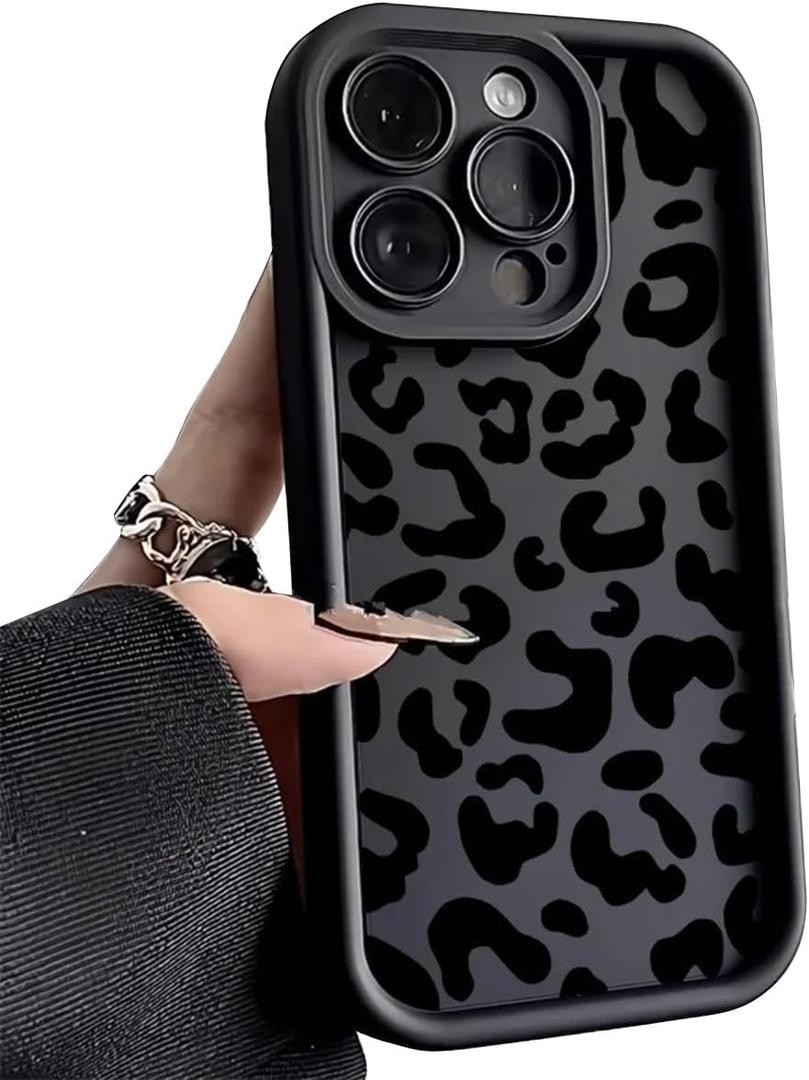 Phone Case for Women/Girls, Black Leopard Print Pattern Silicone Shockproof Soft Phone Case Compatible with iPhone 13 Pro Max, Black