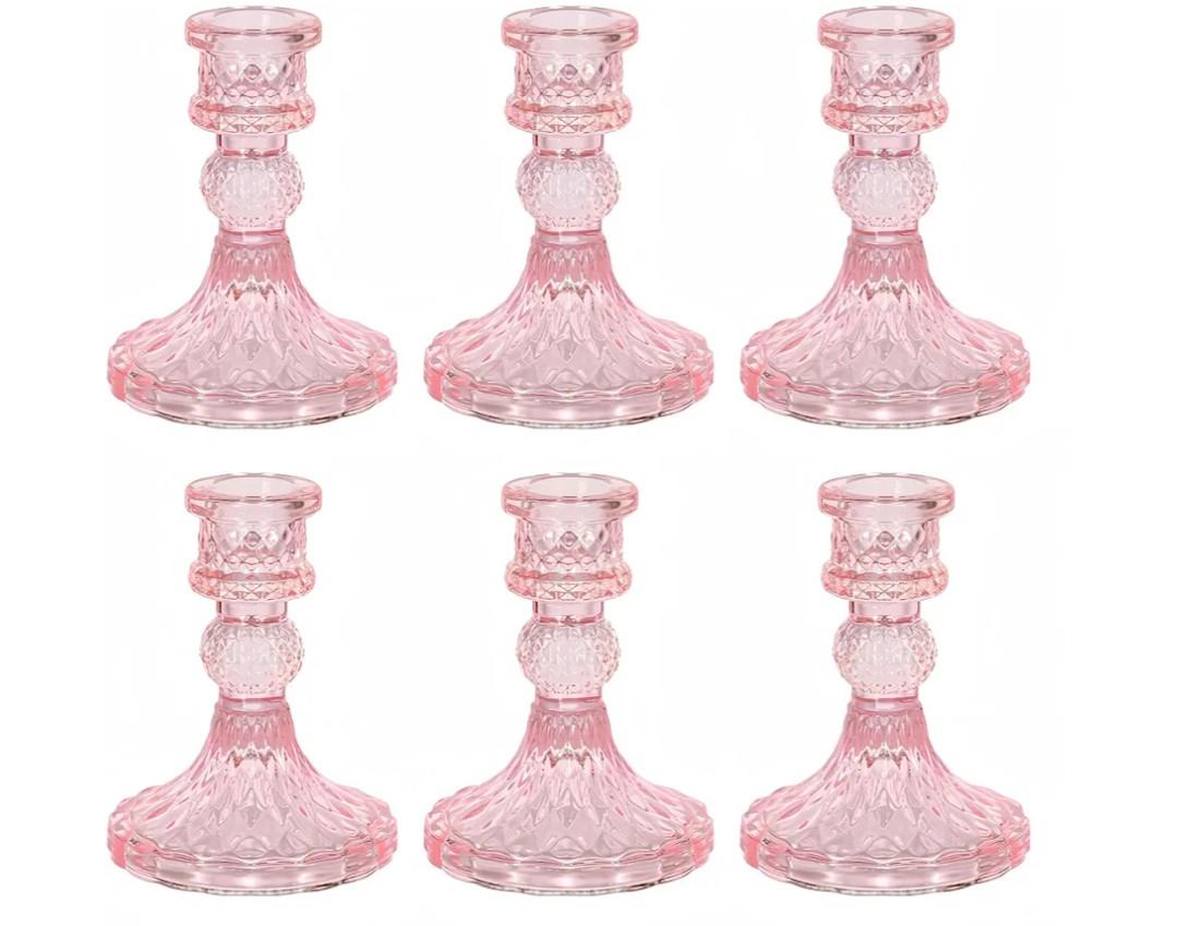Glass Candlestick Holder,Striped Taper Candle Holders,Set of 6 Candle Stand for Table Centerpieces, Home Decor,Weddings,Festival and Parties (Pink Dimond)