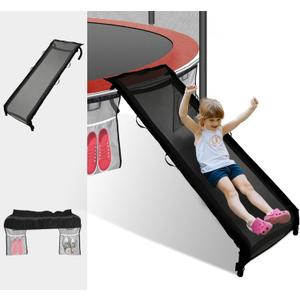 Eurmax USA Universal Easy-to-Assemble Trampoline Slide Ladder, Heavy Duty Steel Trampoline Accessory Slide for Kids Climb Up&Slide Down/Black with Shoes Pocket