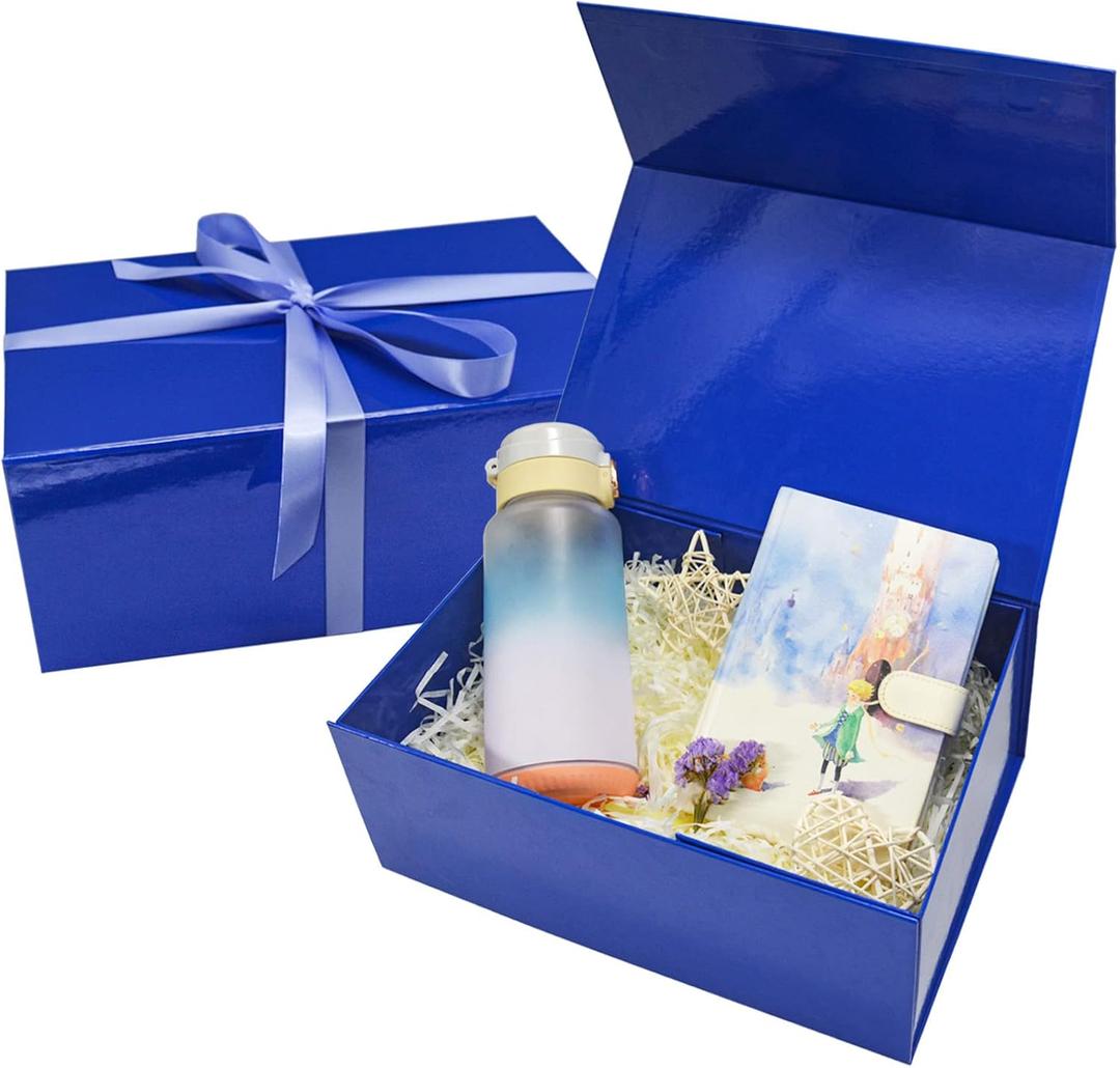 AuroWish Blue Gift Box, 2 Pack - Large 12.5 x 8.5 x 4.75 Inches, Collapsible with Magnetic Lid & Ribbons, Ideal for Christmas, Bridesmaid Proposal, Wedding, Birthday